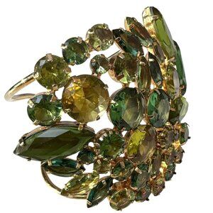 Costume Jewelry Statement Bracelet Green Sparkle Evening Cuff Goldtone S/M